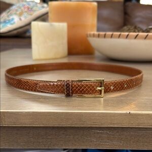 5/$20 Brown genuine snake skin belt, size S, with gold buckle. EUC